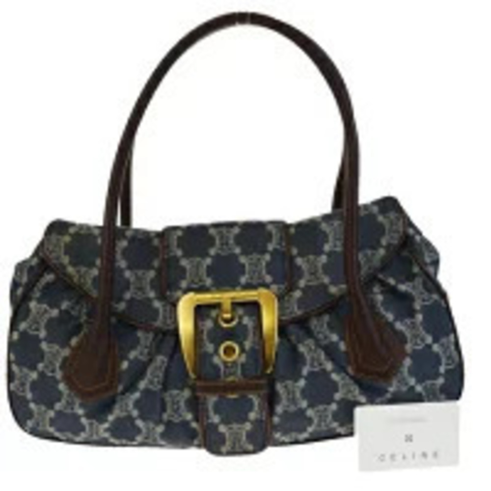 Celine Paris Macadam Shoulder Bag Denim Blue Brown Canvas Leather